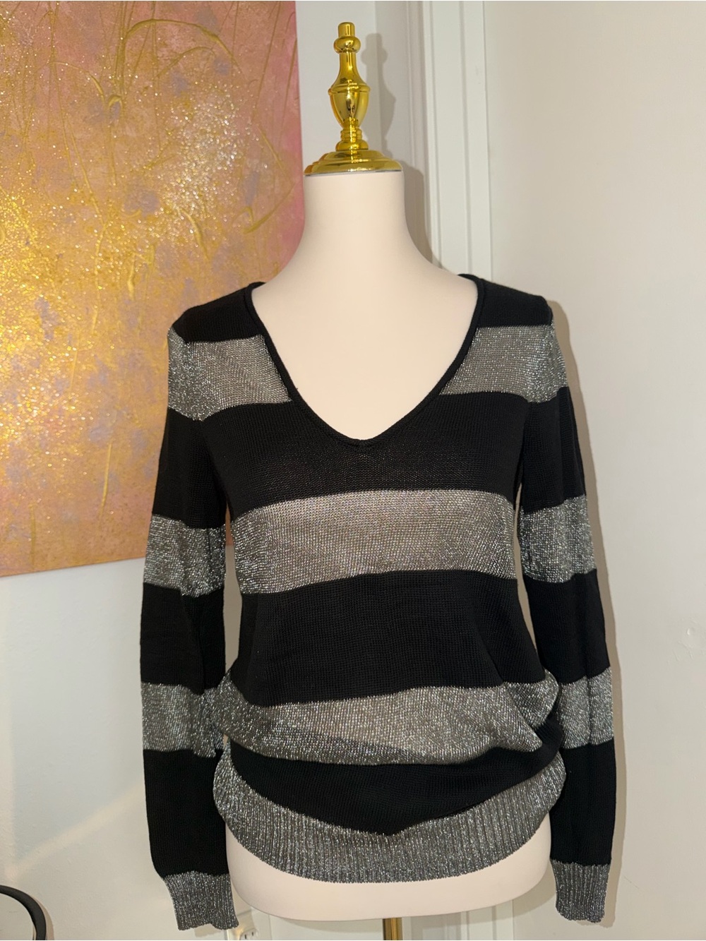 Armani Exchange Black & Silver Metallic Striped V-Neck Sweater